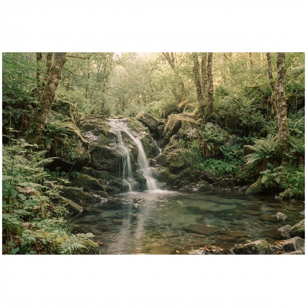 A gentle woodland waterfall flowing over mossy rocks surrounded by green ferns